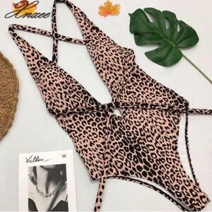 Beige/Tan Leopard/Cheetah Print Tie Up One Piece Swimsuit NWOT
